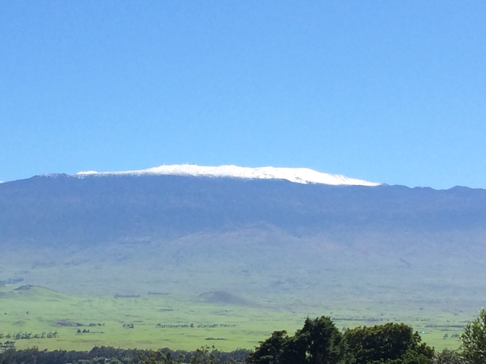 Snow-capped Mauna Kea above the green pastures of Waimea